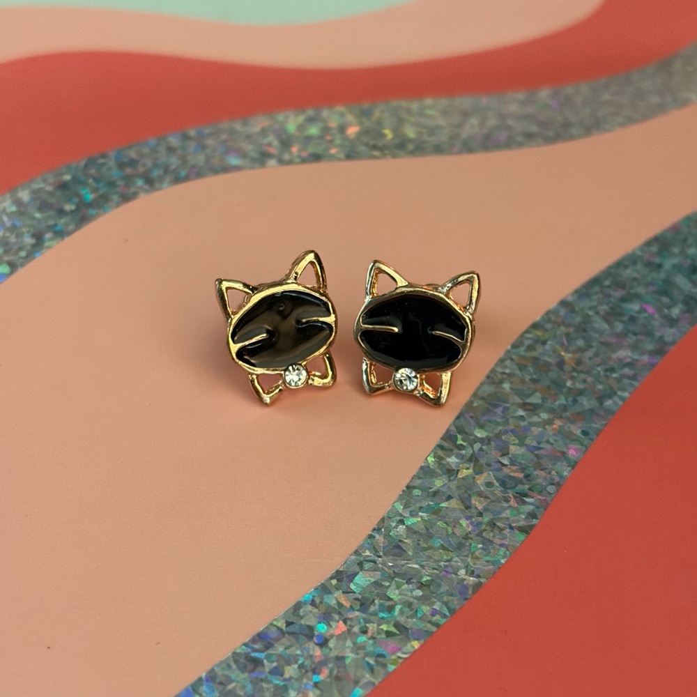 Gold Cat Face Stud Earrings